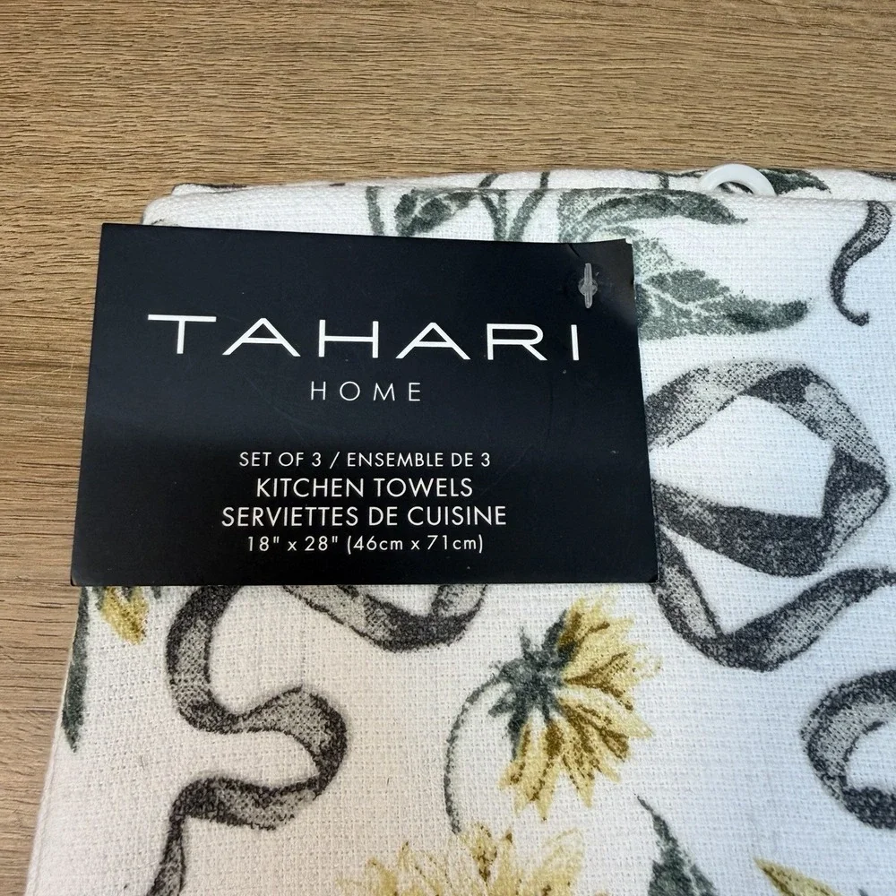 Tahari Home Kitchen Towels Black Yellow Gray Sunflower Bow Floral 3 Piece Cotton